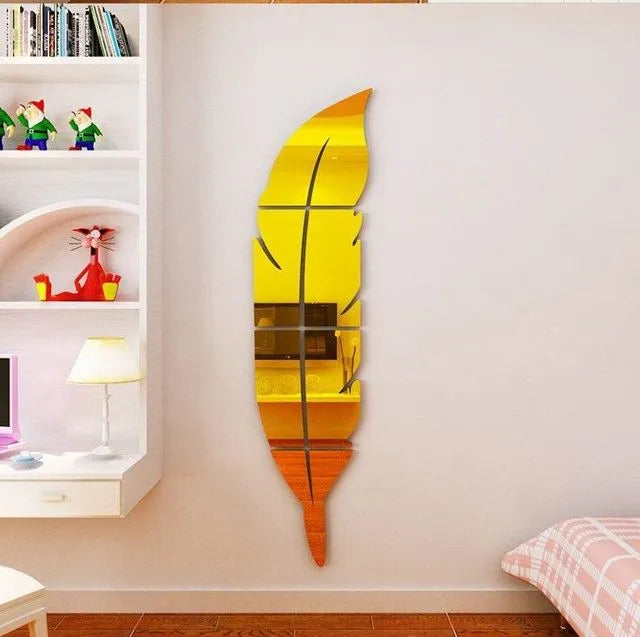 Acrylic Feather Mirror Wall Stickers Self-Adhesive Decorative Decals for Bedroom